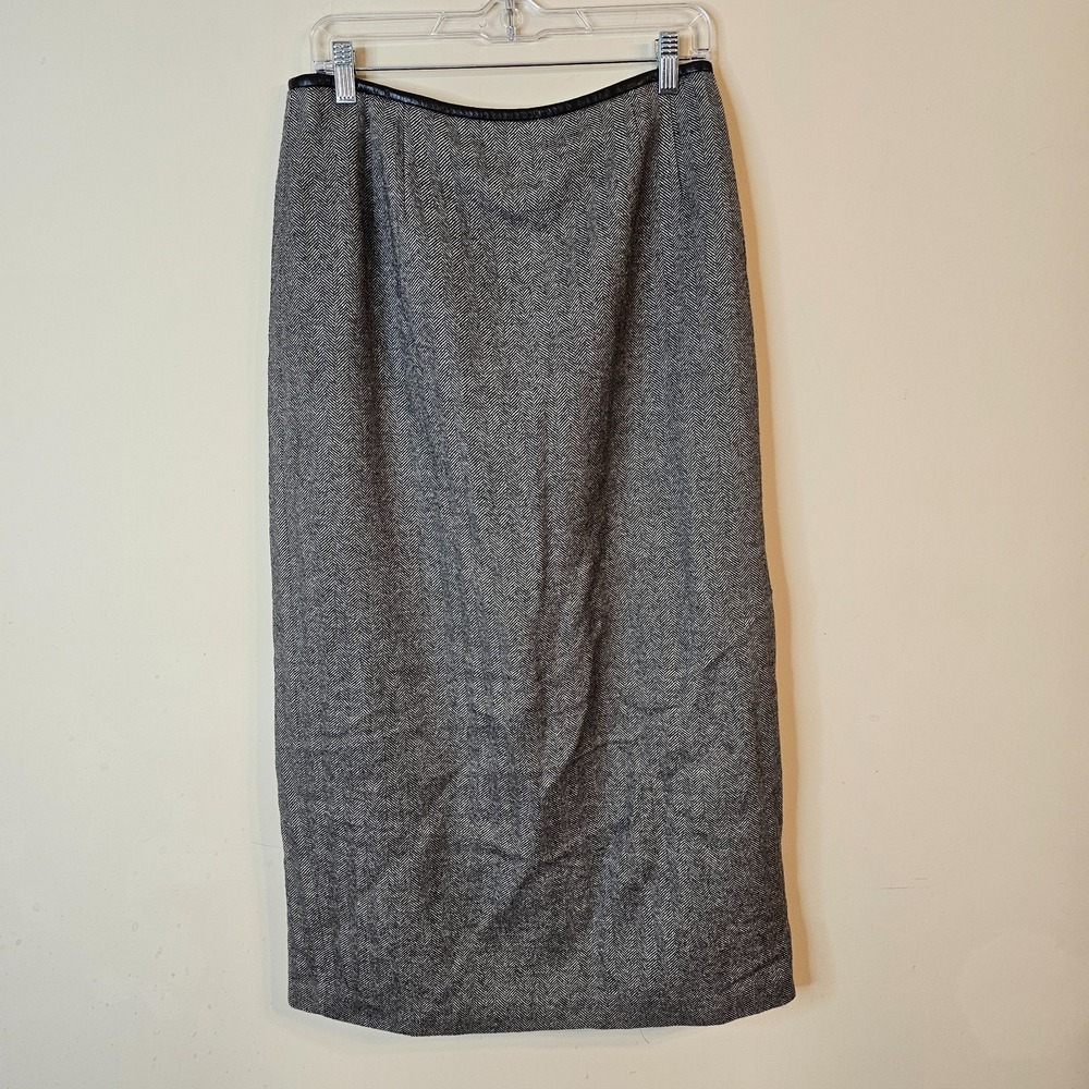 Talbots Herringbone Wool Maxi Skirt Faux Leather Trim Black Gray White Size 12